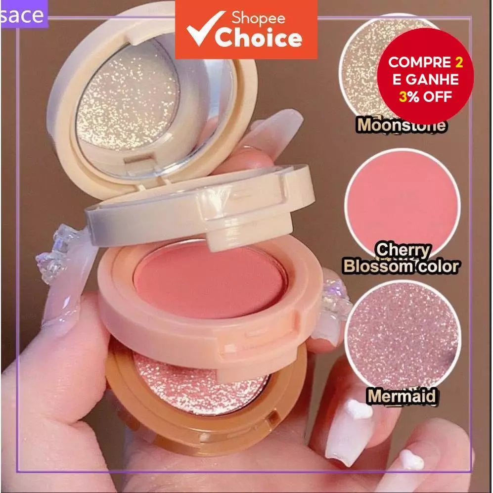 Paleta De Iluminador De Blush 3 Em 1 Pó Multifuncional De Três Camadas Perolado Sombra Brilhante