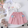Conjunto de Saia Infantil de Verão para Crianças de 0-4 Anos, Camisa Bordada com Flores e Manga Bufante com Saia Curta C